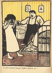 1902年3月1日の「L&39;Assiette au Beurre」の特別版「犯罪と罰」から妊娠中の愛人を非難する男 作： Felix Edouard Vallotton